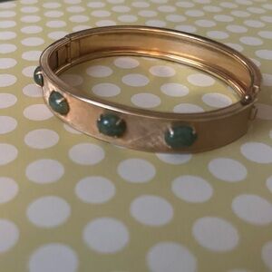 Elegant Gold Bracelet Hinged cuff with Jade green stones 12k GF & makers stamp